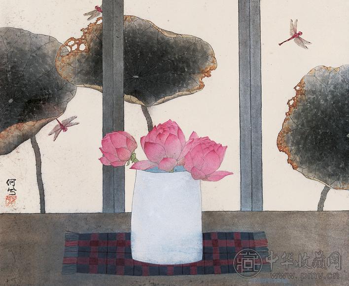 何曦 红荷蜻蜓 镜心 设色纸本