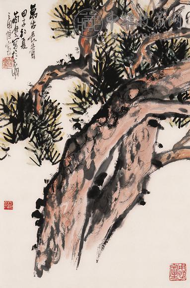 曹简楼 1984年作 万古长青 立轴 设色纸本