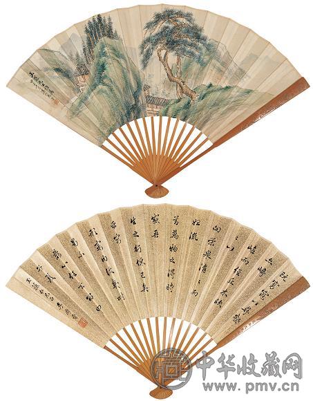 马晋 李学曾 1924年作 春山雅居图 行书六言诗 成扇 设色纸本