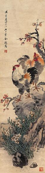 金梦石 双鸡图 立轴 设色纸本