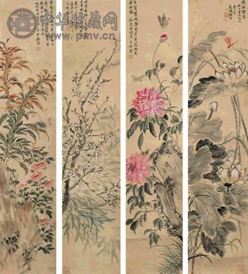 张熊 1880年作 花卉(4屏) 设色纸本