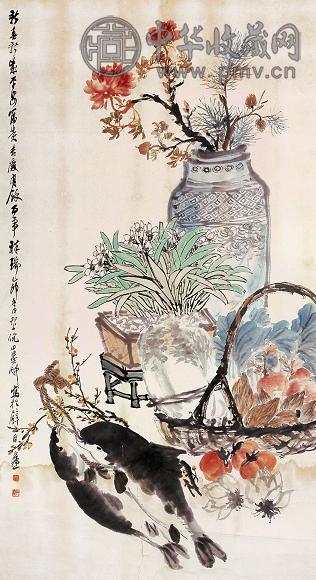 倪墨畊 1915年作 岁朝清供 镜心 设色纸本