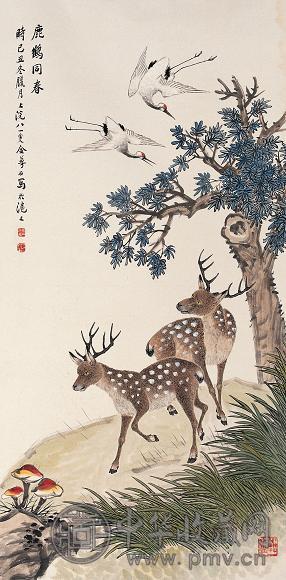 金梦石 1925年作 鹿鹤同寿 立轴 设色纸本