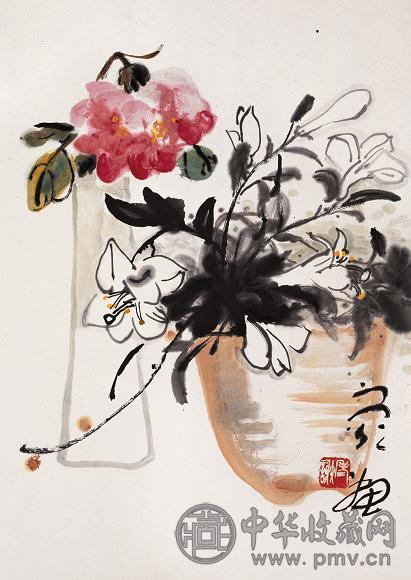 谢之光 瓶花 单片 设色纸本