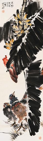 张聿光 芭蕉锦鸡 立轴 设色纸本