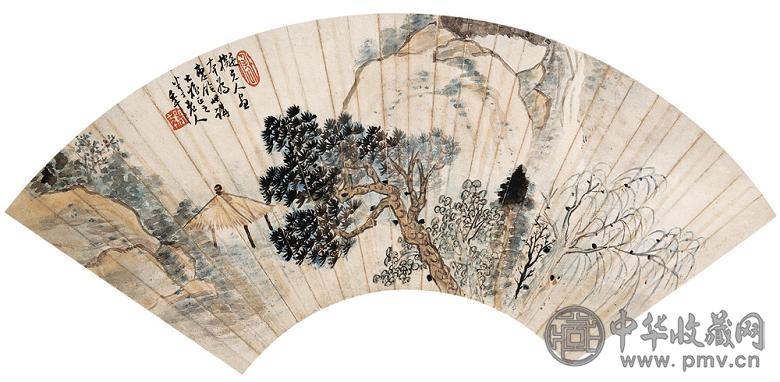 陈半丁 松间幽亭图 扇面 设色纸本