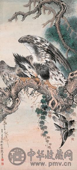 熊松泉 松鹰鸜鵒 立轴 设色纸本