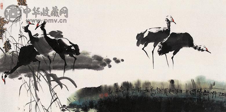 颜泉 江岸群鹭图 镜心