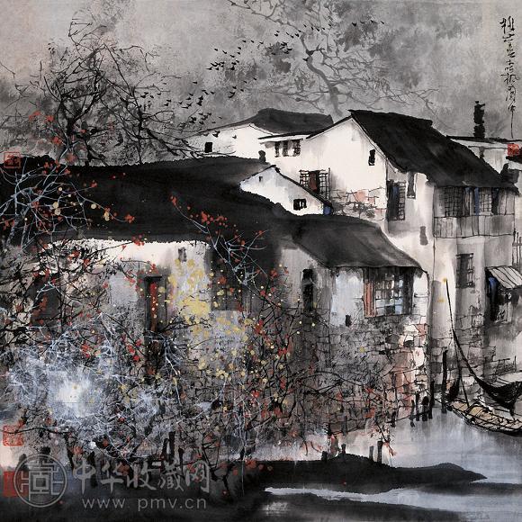 刘懋善 水乡枫阁 立轴 设色纸本