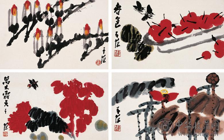 崔子范 花卉 册页(8开选4) 设色纸本