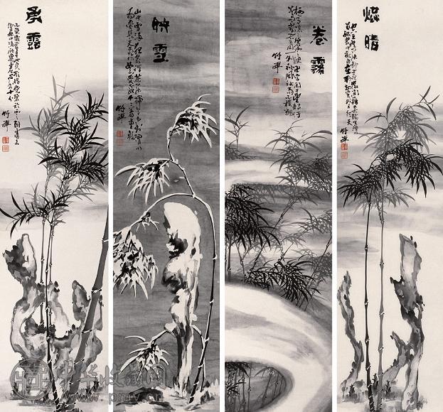 竹禅 竹四条屏 立轴 水墨纸本