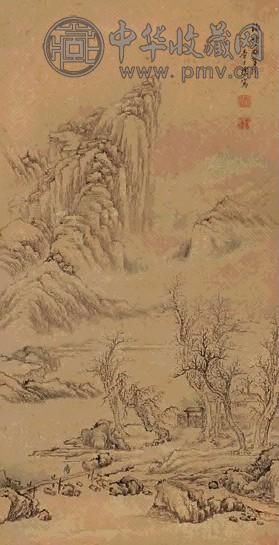 查士标 仿云林山水 立轴 设色纸本 查士标 仿云林山水 立轴 设色纸本