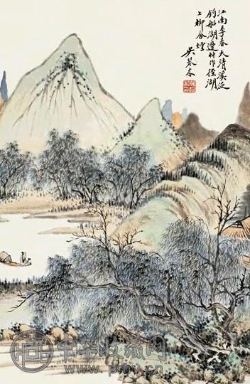 吴琴木 柳溪泛舟图 立轴 设色纸本