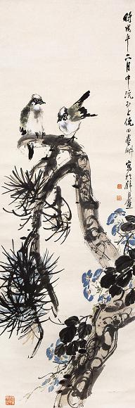 倪田 虬松双禽图 立轴 设色纸本