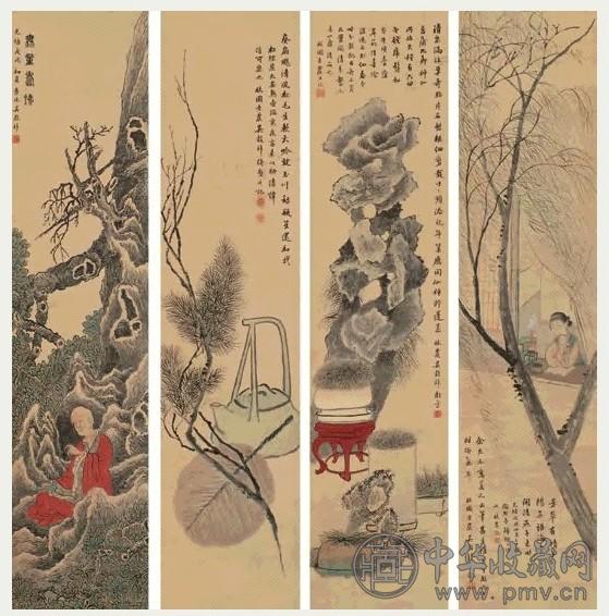 吴榖祥 1898年作 绘画集珍 四屏 设色纸本