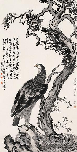 刘海粟 1943年作 鹰 立轴 设色纸本