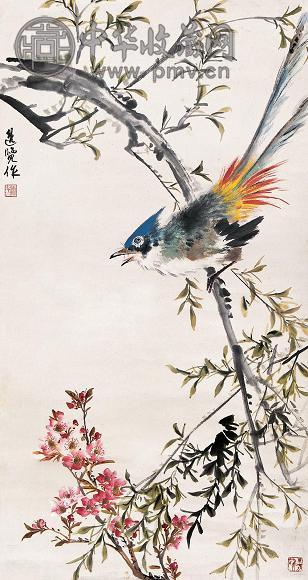 唐逸览 桃花绶带图 立轴 设色纸本