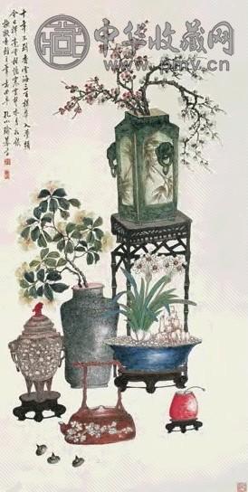 孔小瑜 博古图 立轴 设色纸本