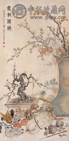 丁玉 岁朝清供 立轴 设色纸本