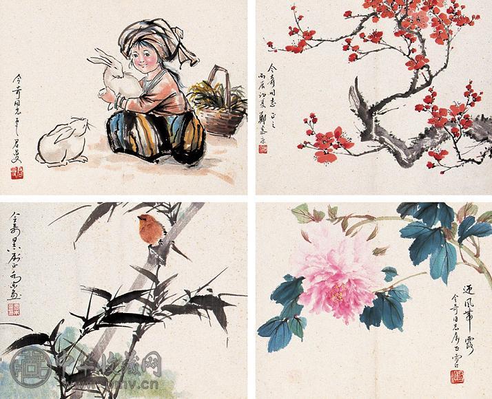 朱梅邨 等 册页 册页(15开选4) 设色纸本