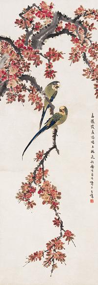 王师子 玉桃花禽 立轴 设色纸本