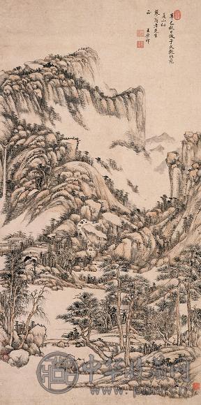 王原祁 辛巳(1701年)作 仿北苑山水 立轴 设色纸本