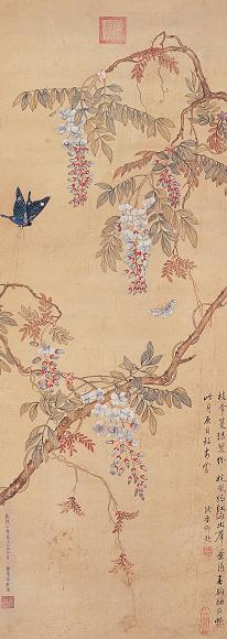 徐熙(款) 紫藤蝴蝶 立轴 设色纸本