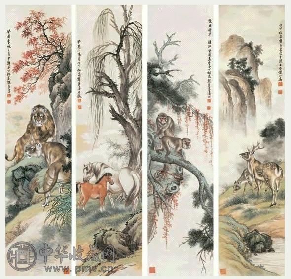 熊松泉 癸酉(1933年)作 走兽 屏条 设色纸本