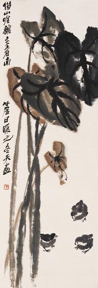 齐白石 荷花小鸡 立轴 设色纸本