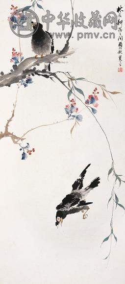 江寒汀 海棠八哥图 轴 纸本设色