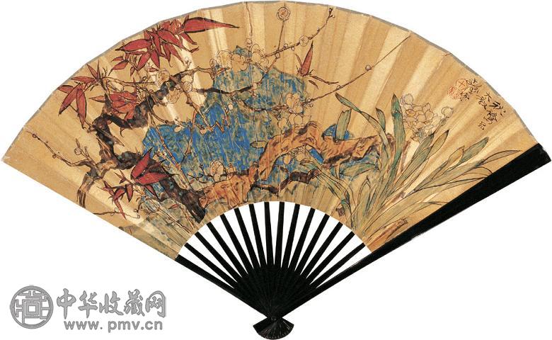 程十发 花卉 成扇 设色金笺