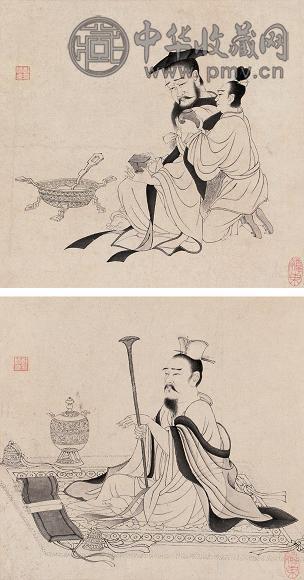 郑慕康 白描人物双挖 立轴 水墨纸本