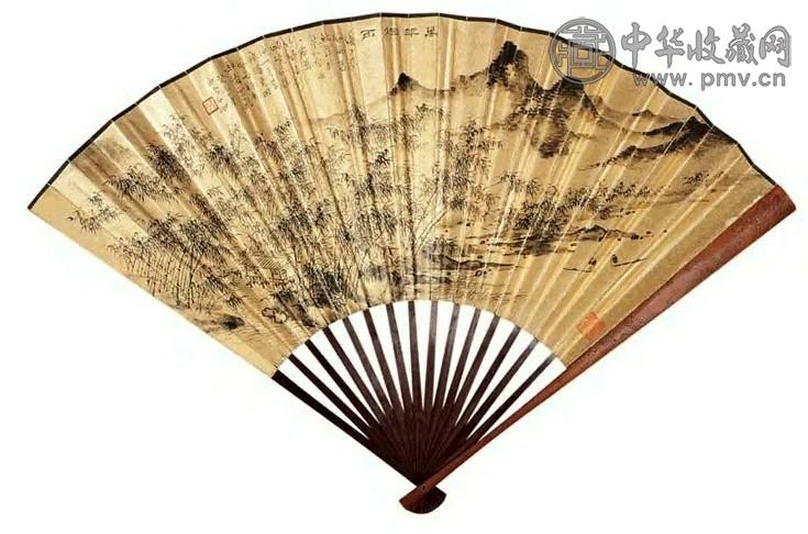 申石伽 高振霄 癸未(1943年)作 甲申(1944年)? 万竿烟雨图 隶书 成扇 水墨泥金笺本