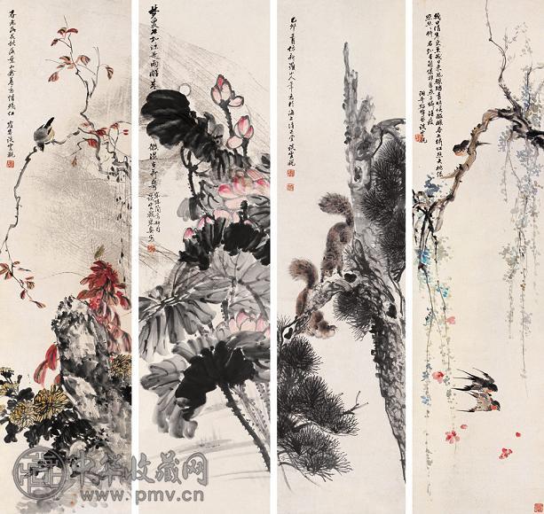 谈云观 花鸟 四屏 设色纸本