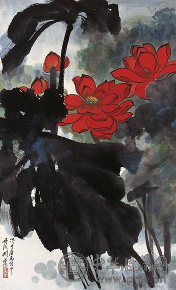 胡若思 勾金红莲 立轴 设色纸本