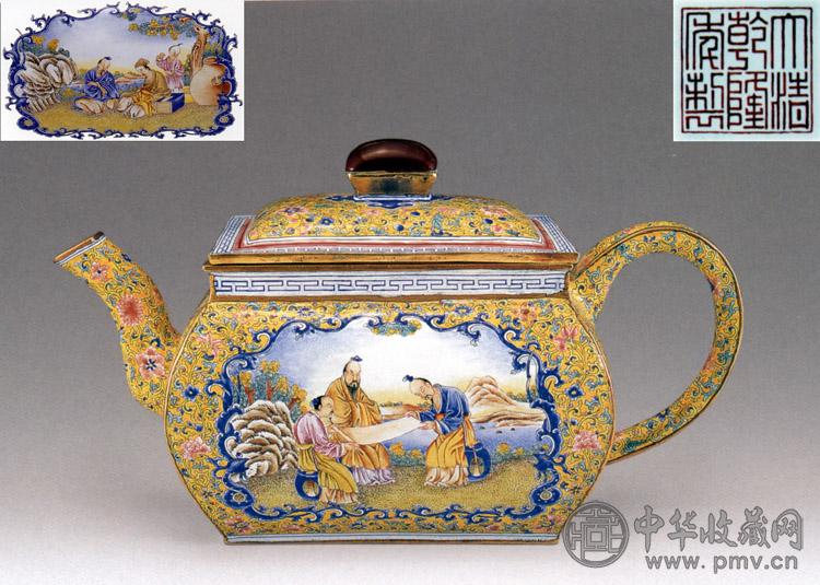 清乾隆 铜胎画珐琅开光人物茶壶