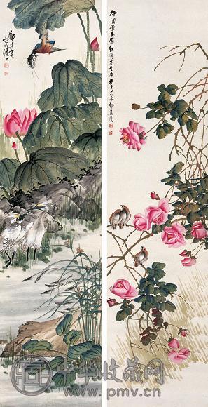 郑集宾 花鸟 两屏 设色纸本