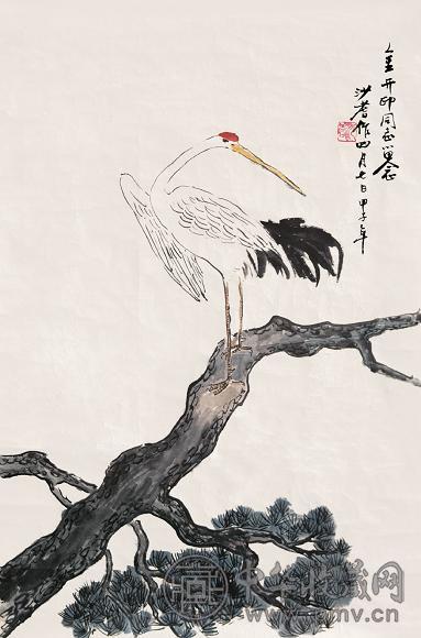 沙耆 松鹤延年 镜心 设色纸本