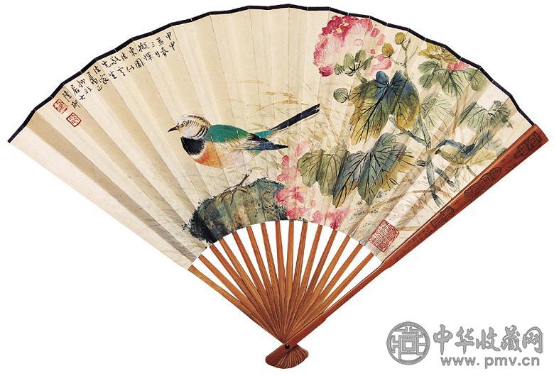 陆抑非 飞雀图 成扇 设色纸本