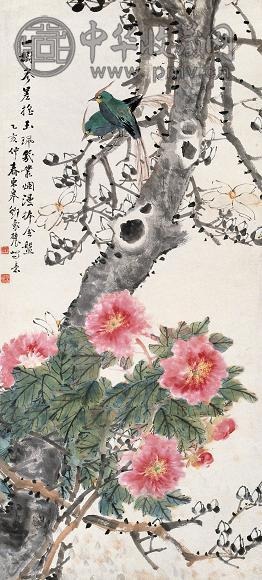 邓怀农 1935年作 花鸟 立轴 设色纸本