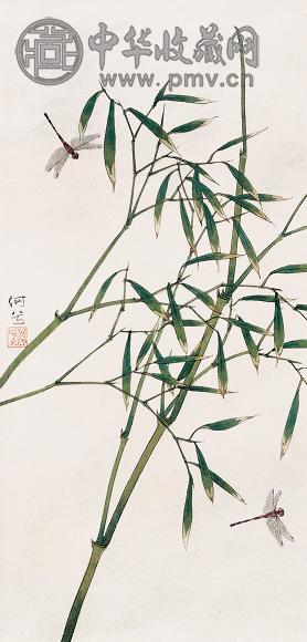 何曦 竹叶蜻蜓图 镜心 设色纸本