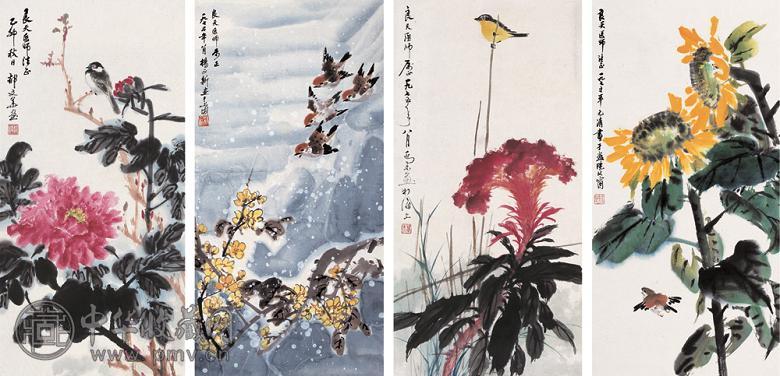 郁文华 乔木 徐元清等 1975年作 花鸟 四屏 设色纸本