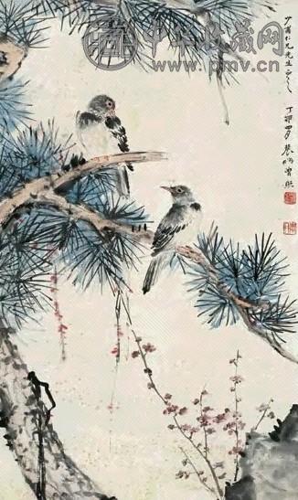 曾熙 1927年作 梅花松鸟图 立轴 设色纸本