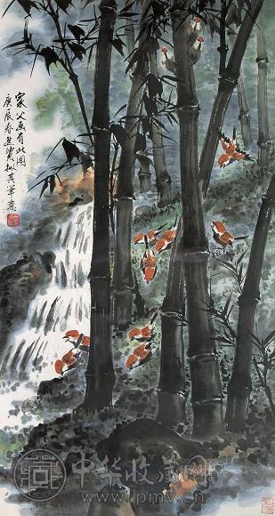 唐逸览 竹雀图 镜心 设色纸本