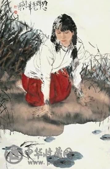 何家英 1989年作 塘边群鱼 立轴 设色纸本