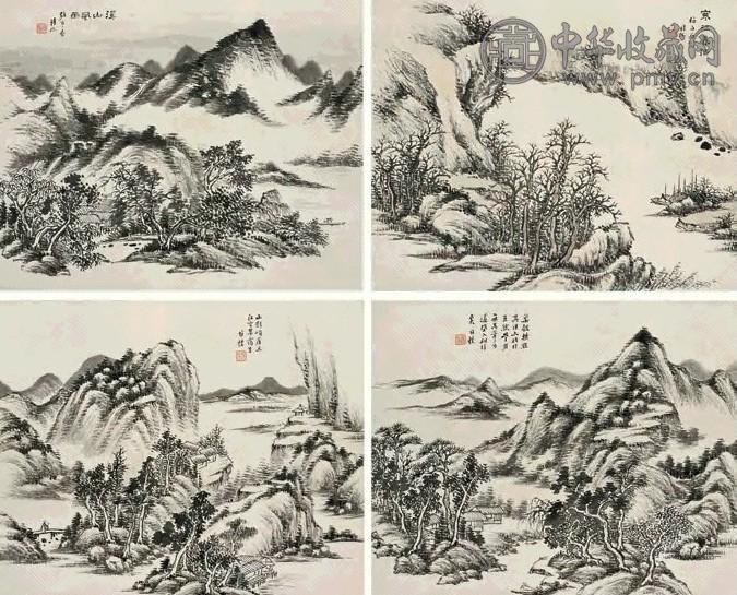 何维朴 山水 四屏 纸本墨笔 何维朴 山水 四屏 纸本墨笔