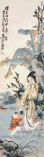 徐操 教子图 立轴 设色纸本