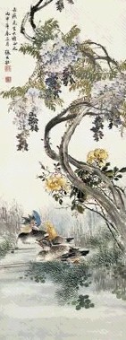 近现代 张大壮 紫藤·鸳鸯 轴