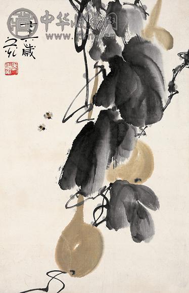 谢之光 1976年作 葫芦蜜蜂 立轴 设色纸本