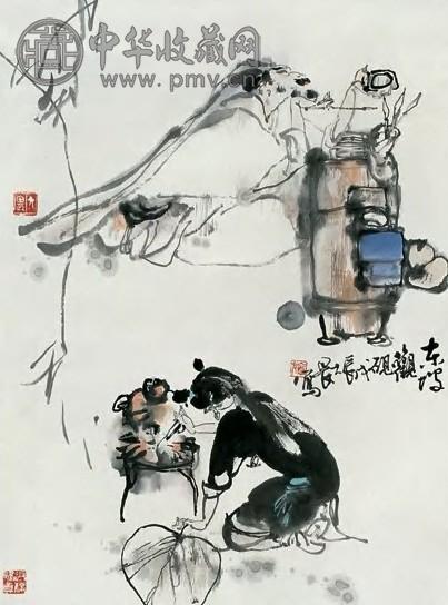 施大畏 1988年 东坡观砚 立轴 纸本设色